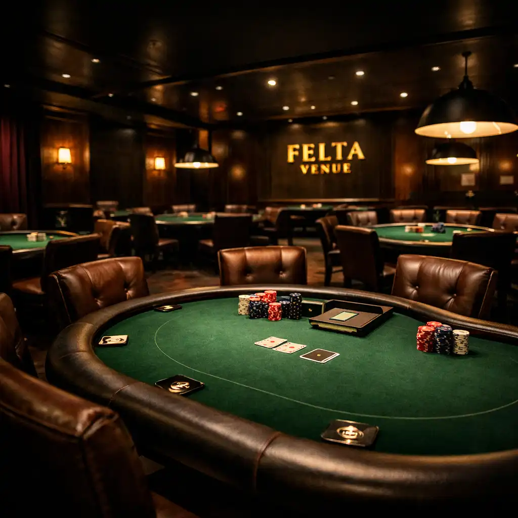 Wide-angle view of the Felta Venue card lounge interior with multiple poker tables and warm lighting