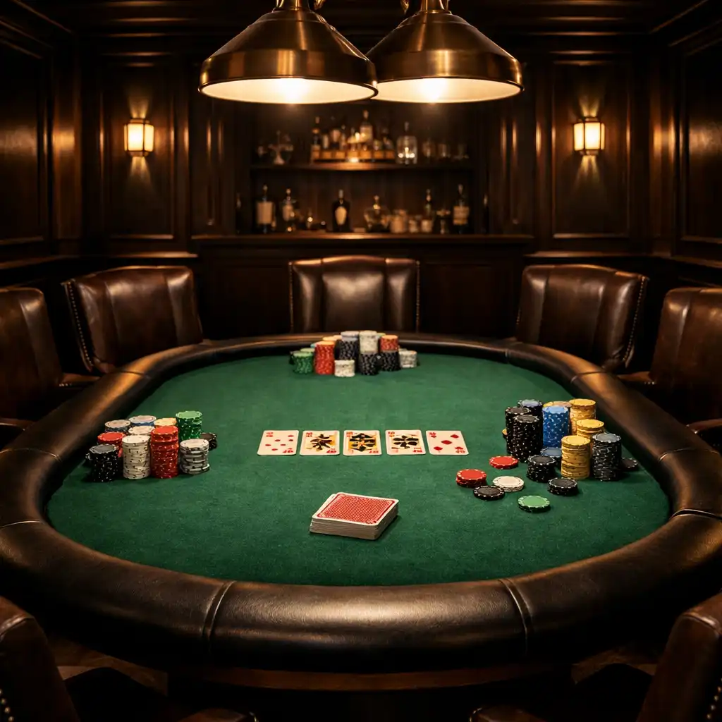 Professional poker table with green felt, chips, and leather chairs