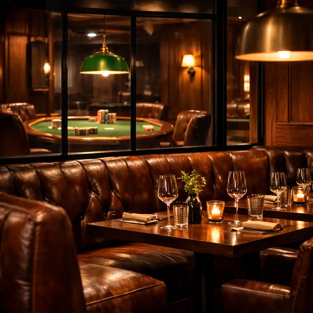 Warm dining room with leather booths and a view of the poker lounge
