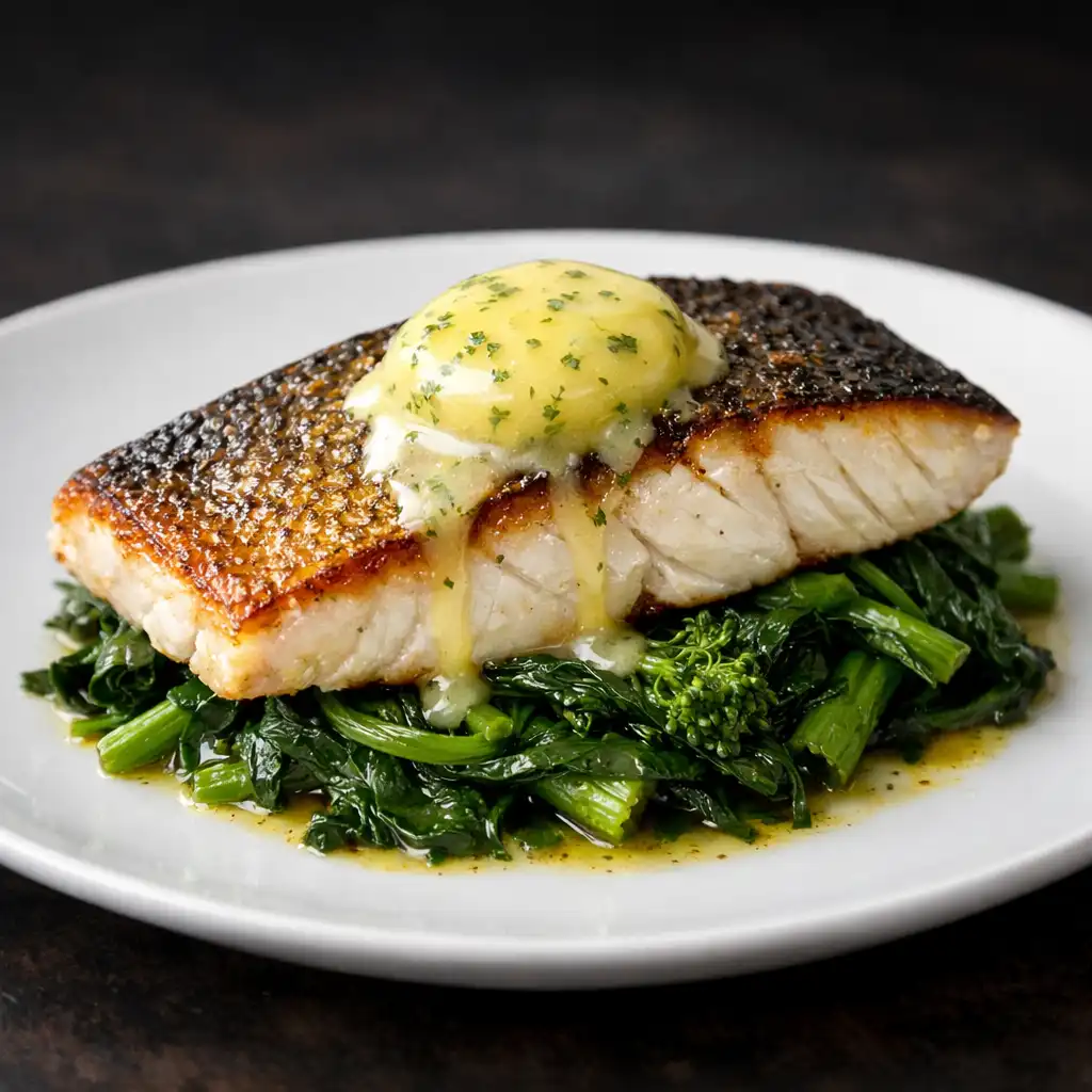 Grilled barramundi fillet with crispy skin on sautéed greens