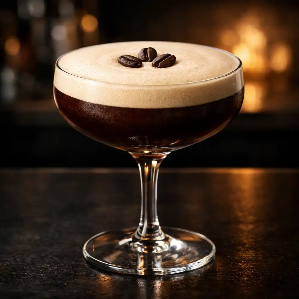 Espresso martini in a coupe glass with three coffee beans