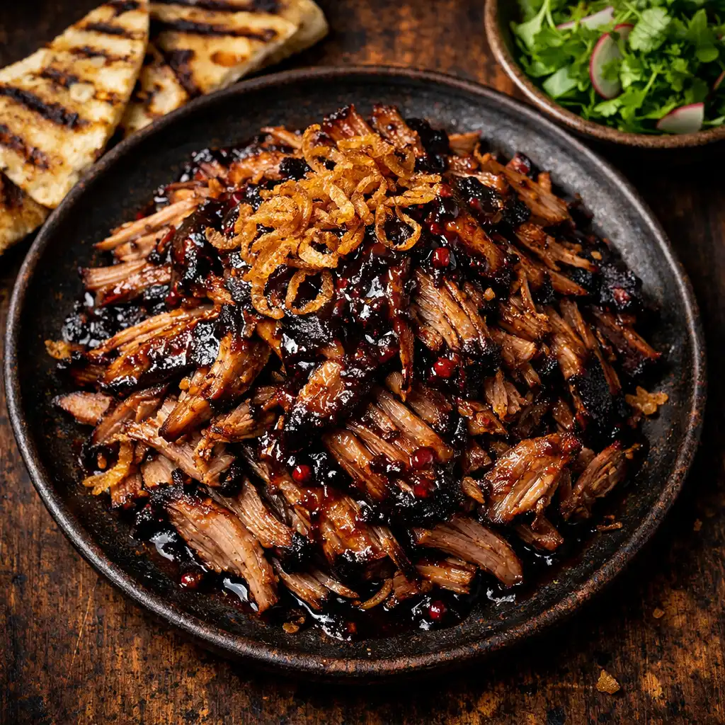 Smoked lamb shoulder pulled and topped with crispy shallots
