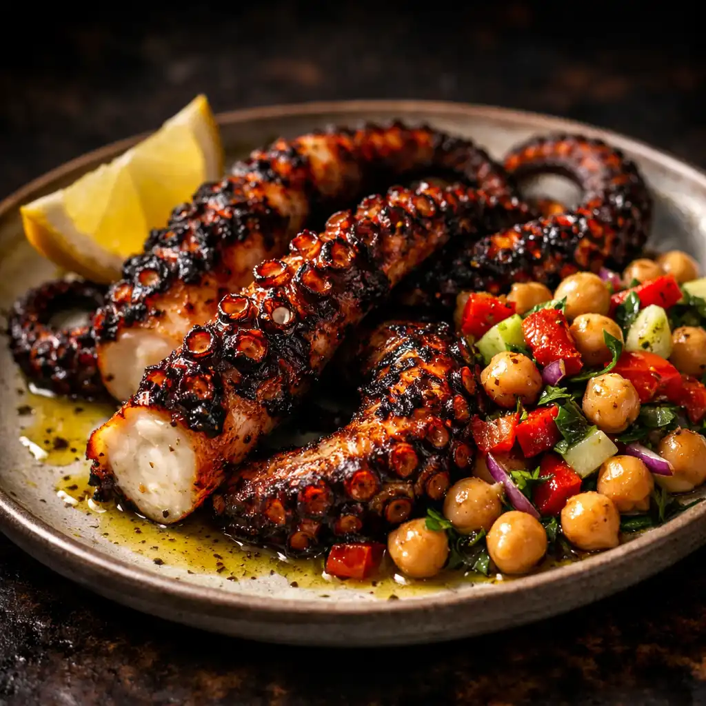 Char-grilled octopus tentacles with chickpea and roasted pepper salad