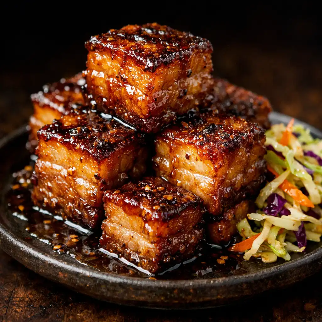 Crispy pork belly cubes glazed with apple cider and honey
