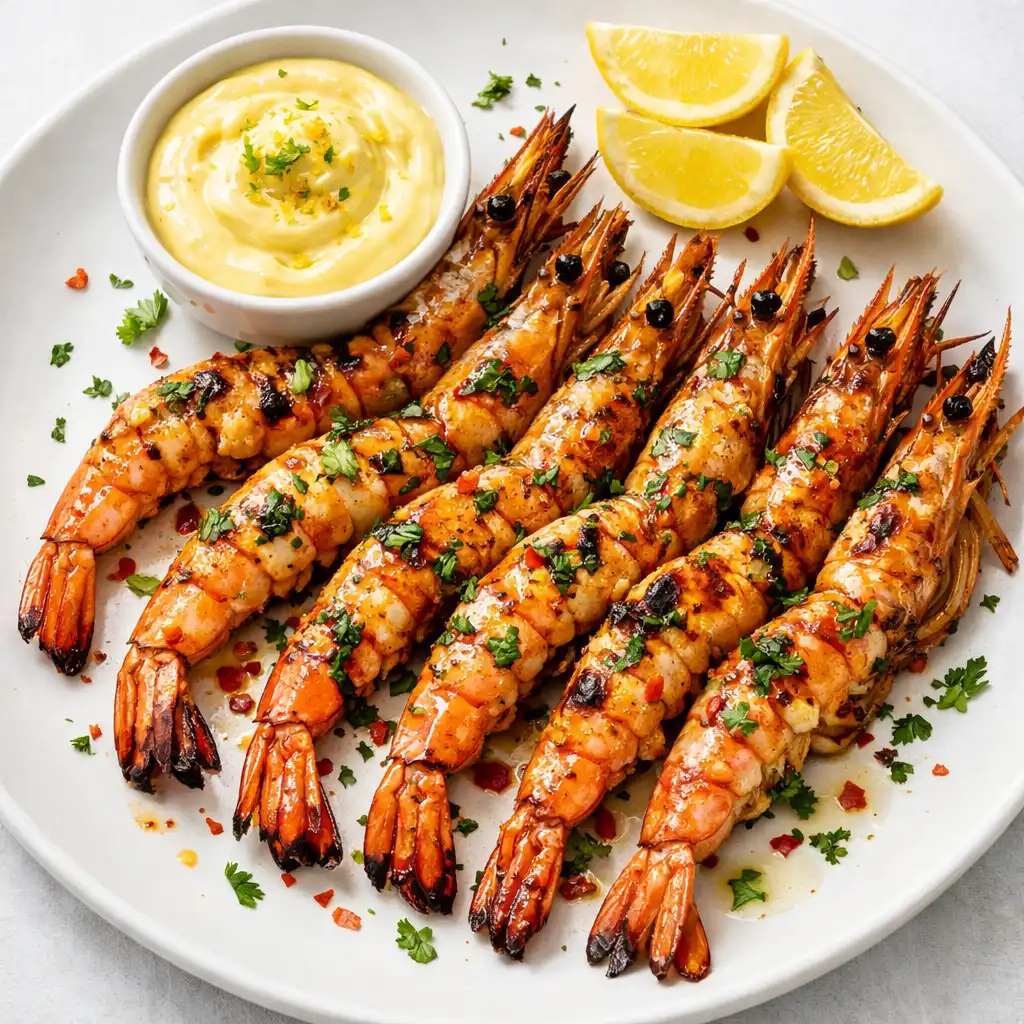 Grilled king prawns with garlic butter and citrus aioli