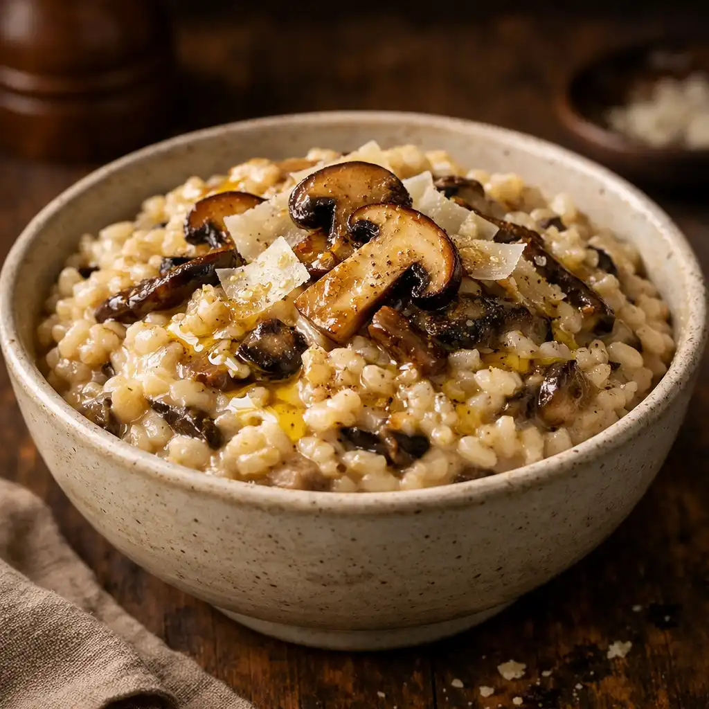Creamy mushroom risotto with wild mushrooms and shaved parmesan