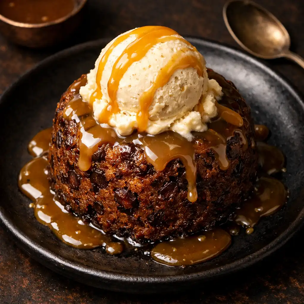 Sticky date pudding with butterscotch sauce and vanilla bean ice cream