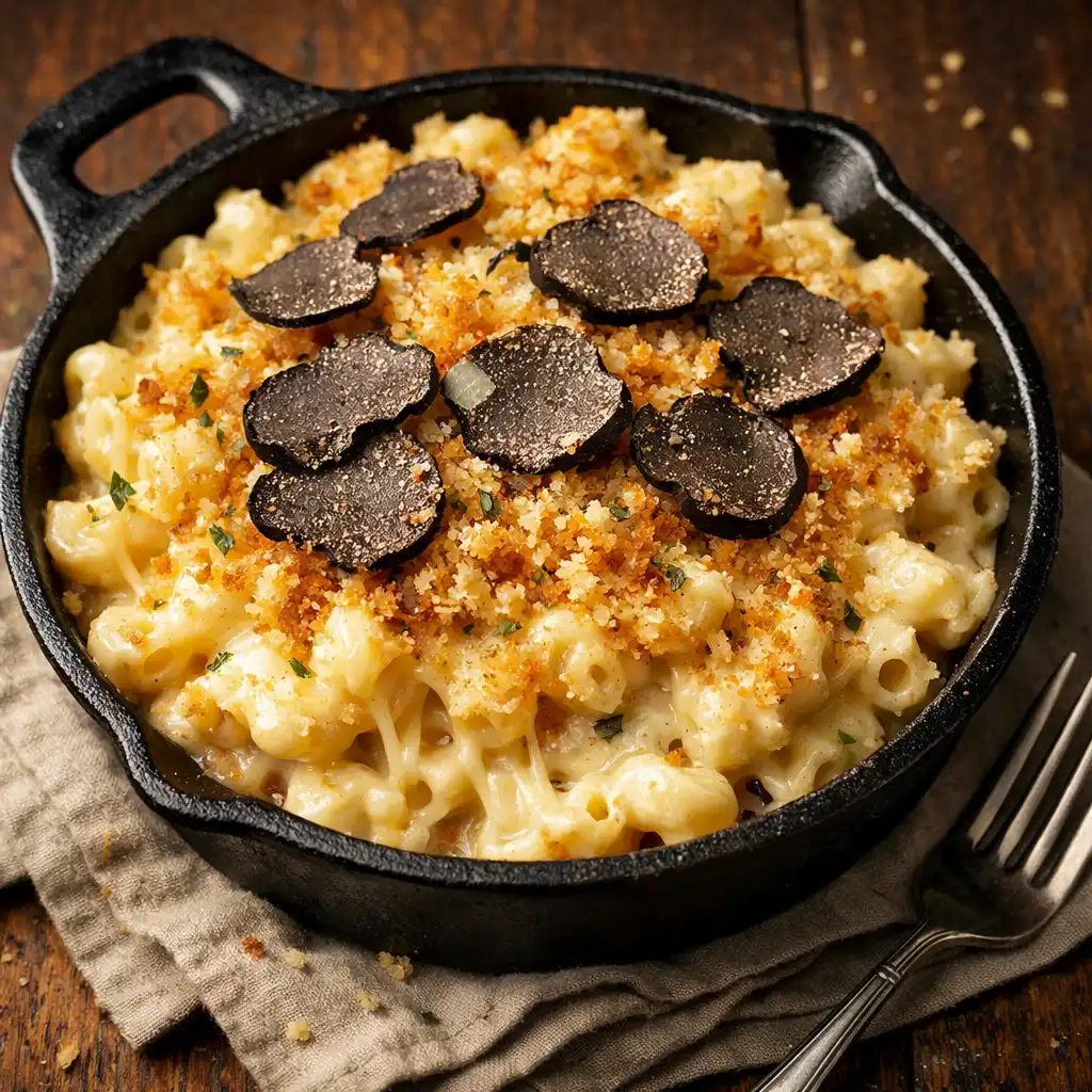 Cast-iron skillet of truffle mac and cheese with panko crust