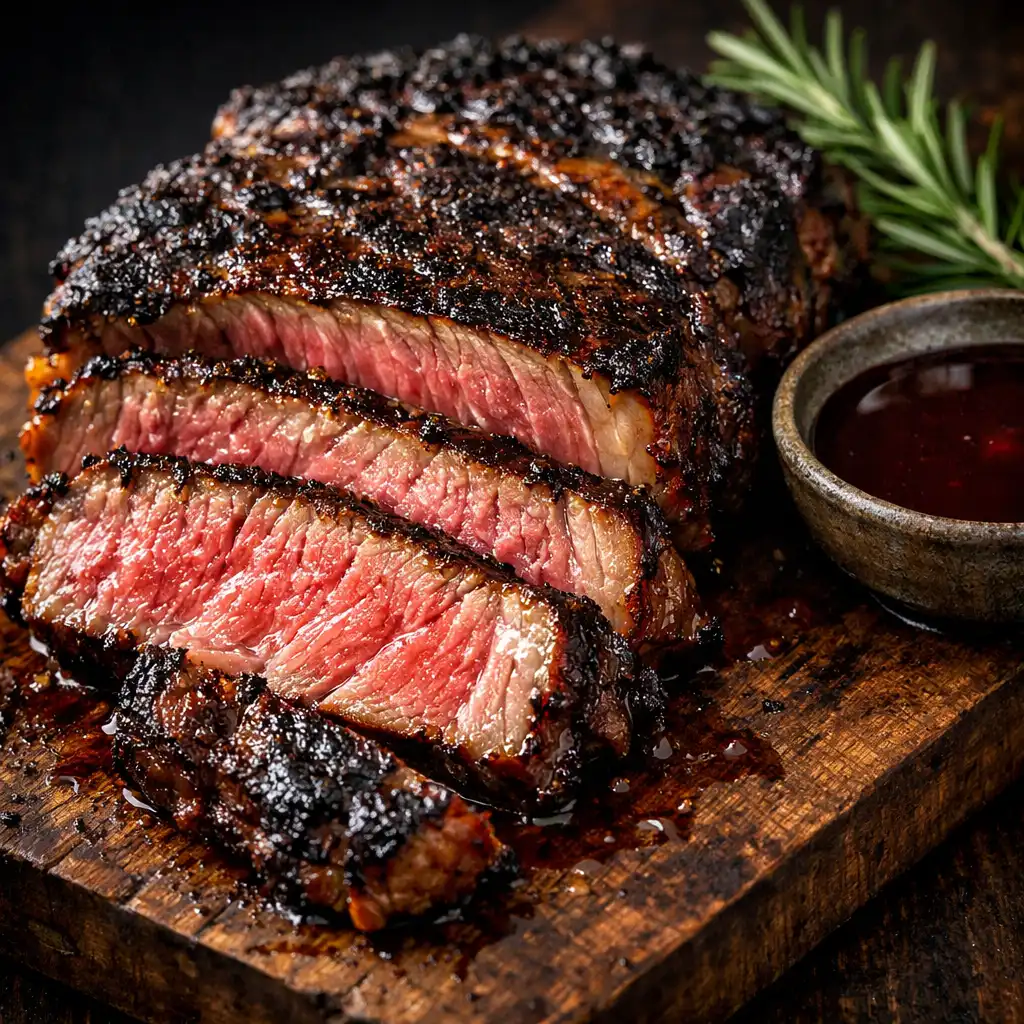 Charred Wagyu ribeye sliced to reveal a pink centre