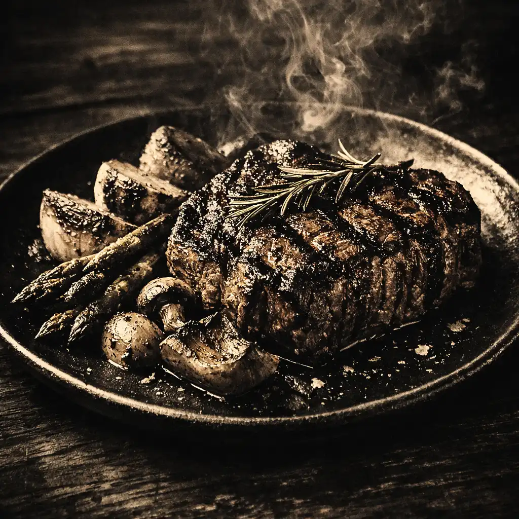Premium wood-fired steak with roasted vegetables on a dark ceramic plate