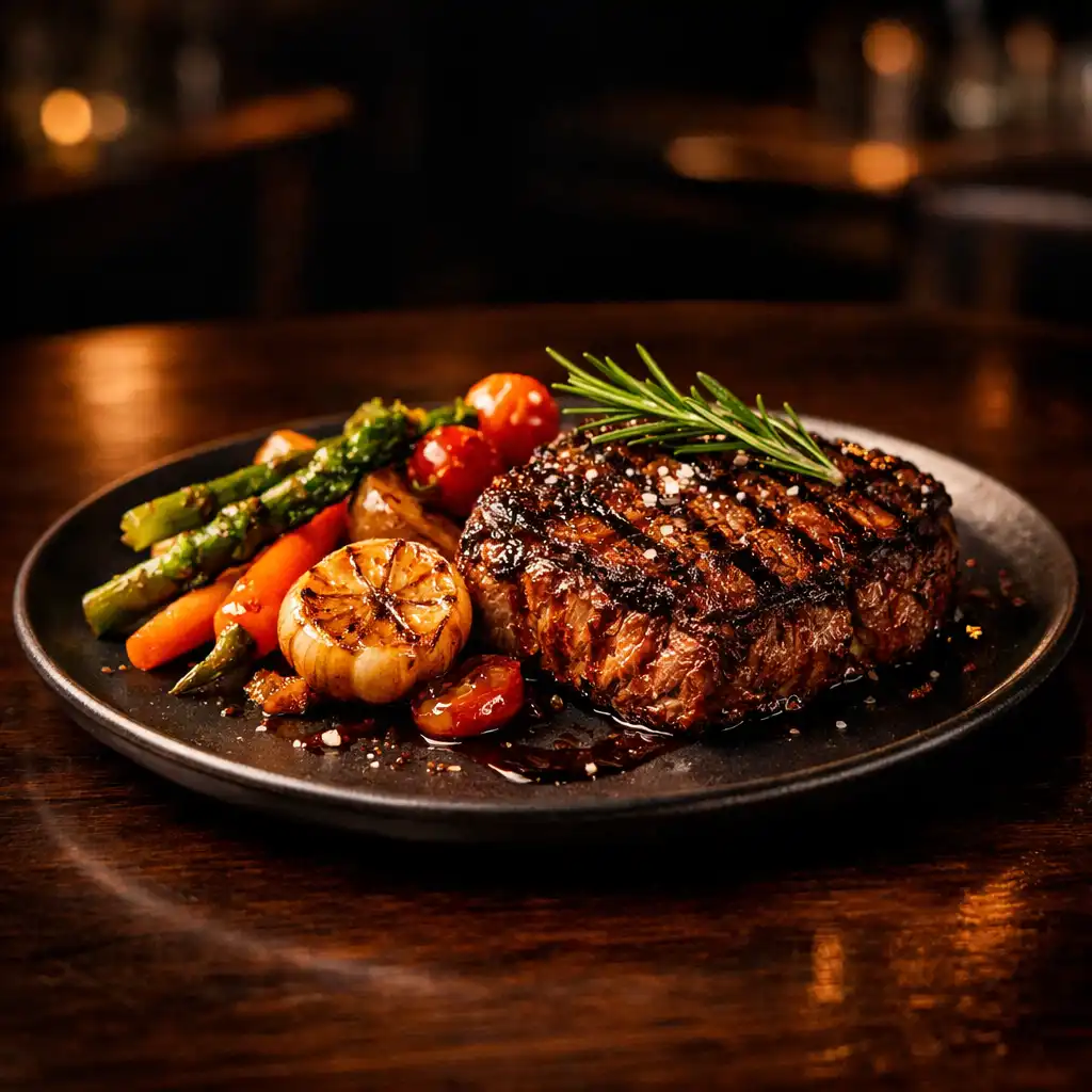 Beautifully plated premium grillhouse dish with seared steak and roasted vegetables