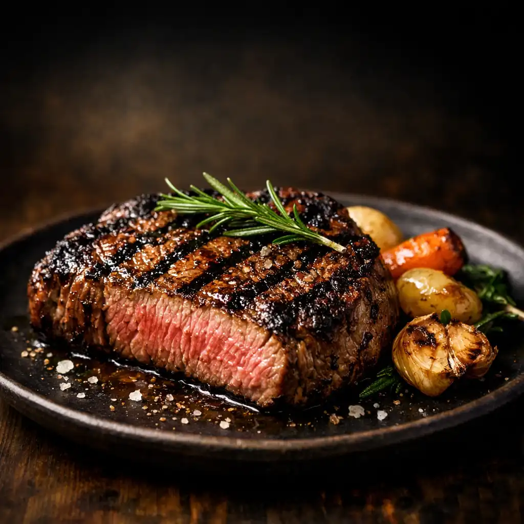 Premium grilled steak with char marks, rosemary, and roasted vegetables on a dark ceramic plate