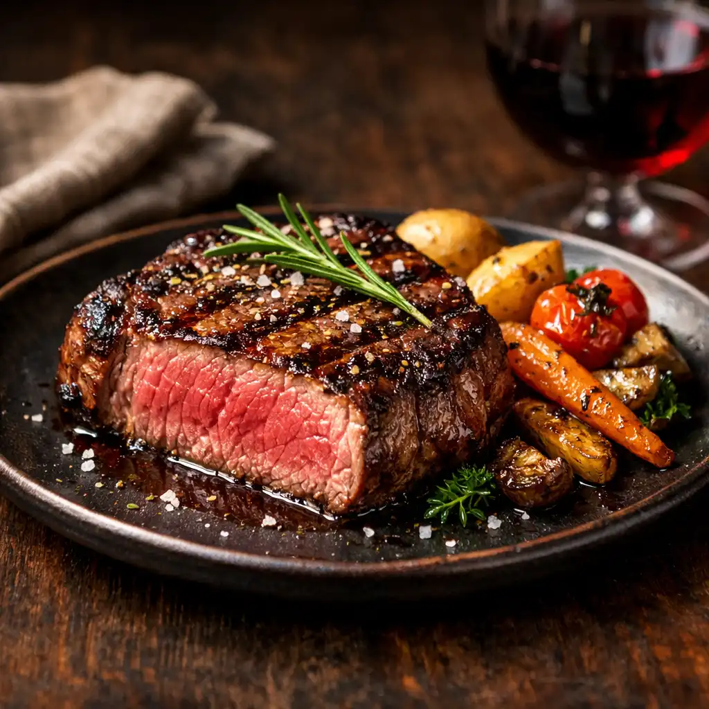 Beautifully plated premium steak with rosemary and roasted vegetables on a dark ceramic plate
