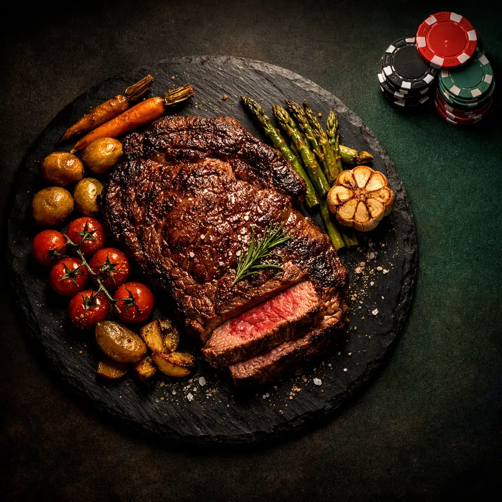 Charred Wagyu ribeye plated with roasted vegetables and poker chips on a dark table
