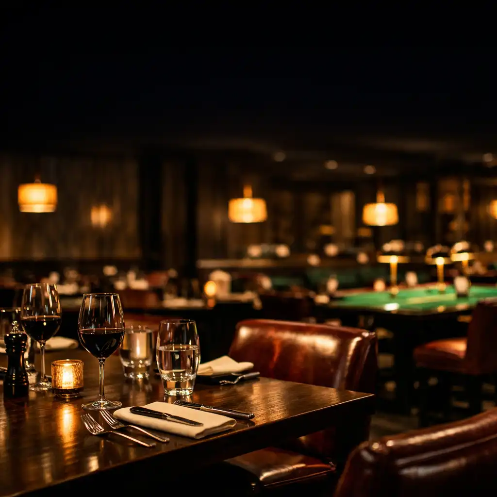 Cinematic dining room at Felta Venue with warm lighting, leather seating, and a glimpse of the poker lounge