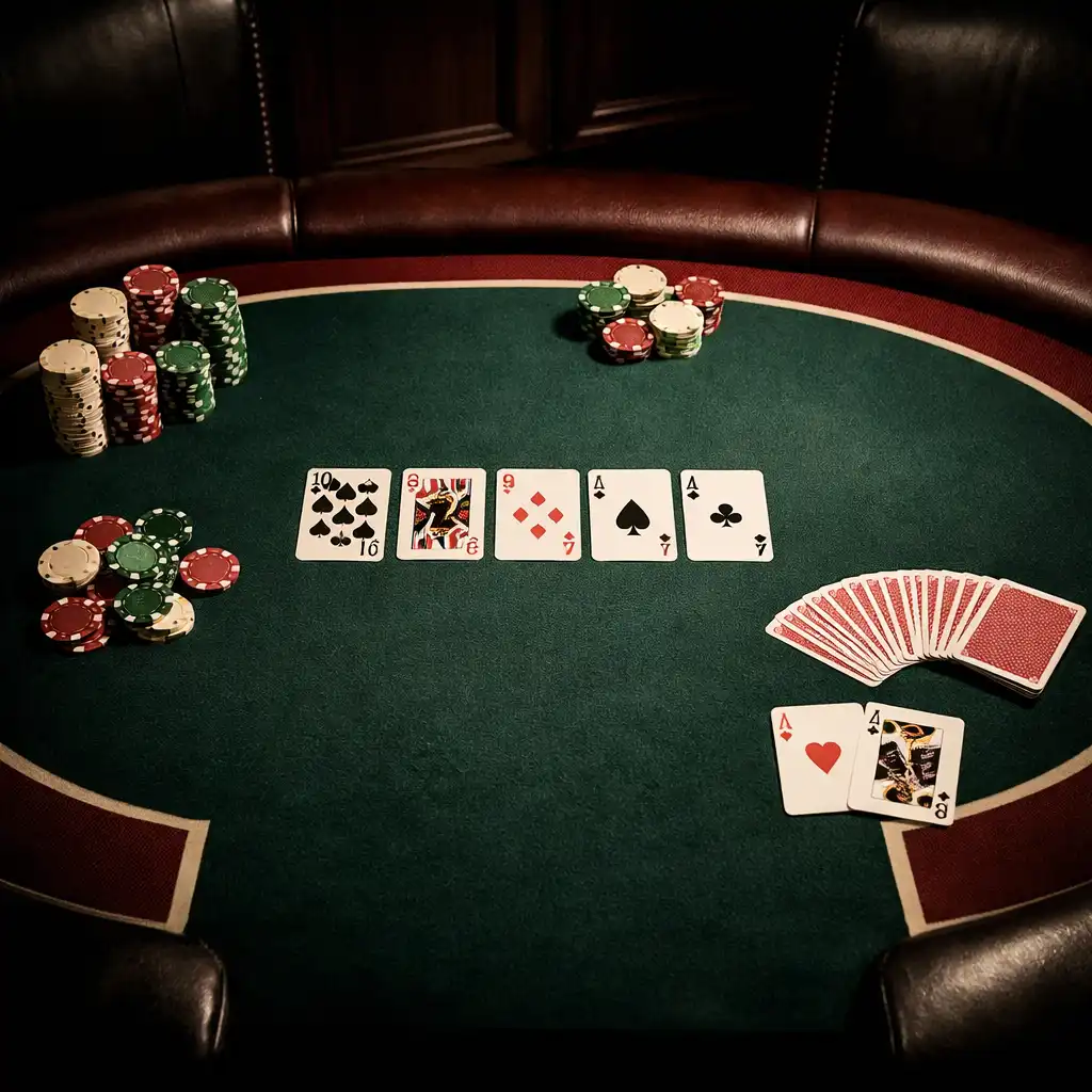 Cinematic top-down view of a premium poker table with chips and cards at Felta Venue