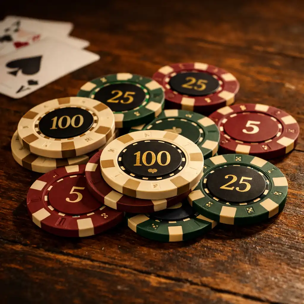 Close-up of premium poker chips scattered on a dark wooden table