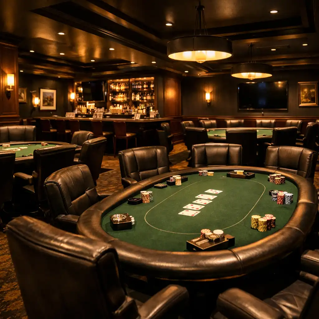 Interior view of a premium poker lounge with multiple tables, leather chairs, and a bar area