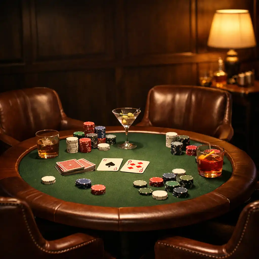 Stylish poker night setup with a round table, leather chairs, chips, and cocktail glasses in a dimly lit room