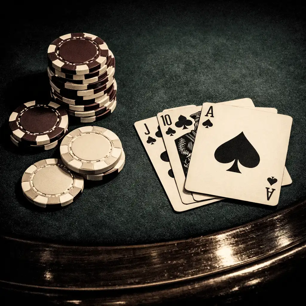 Close-up of a poker table with premium felt, chips, and cards