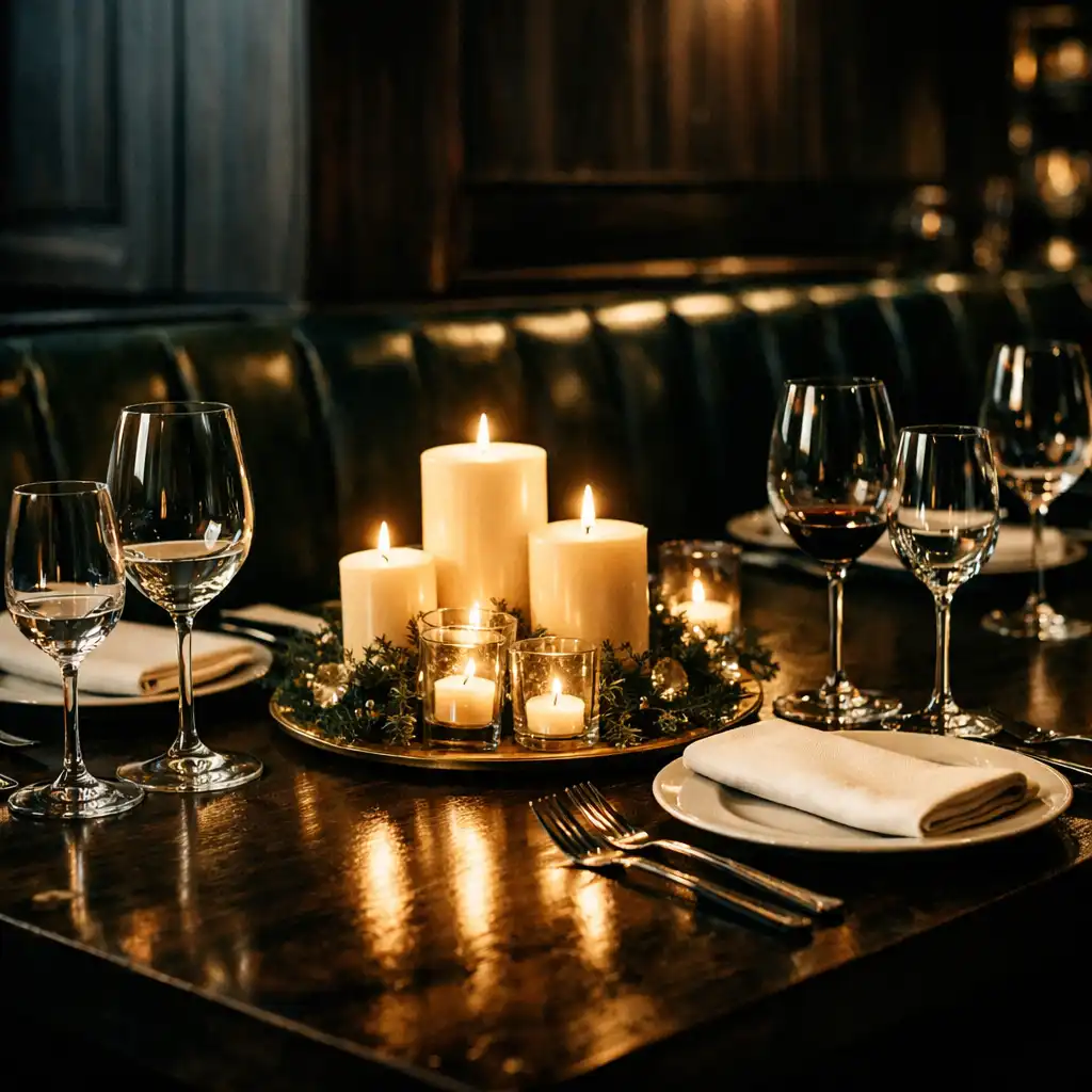 Elegantly set dining table with candles and premium tableware in a dark, sophisticated restaurant