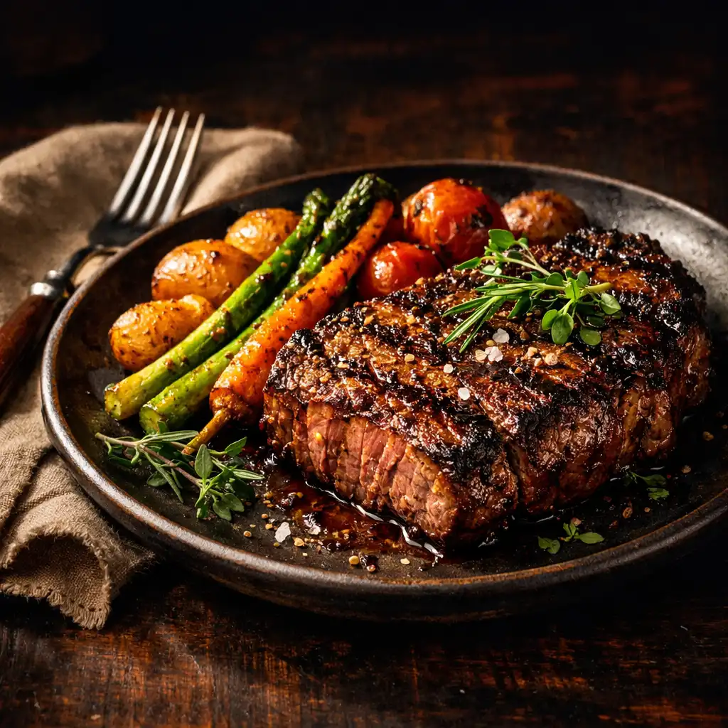 Premium grilled steak with roasted vegetables on a dark ceramic plate