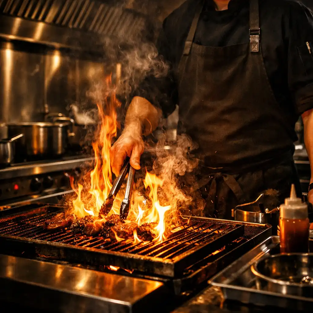 Chef grilling over an open flame in a dark premium restaurant kitchen
