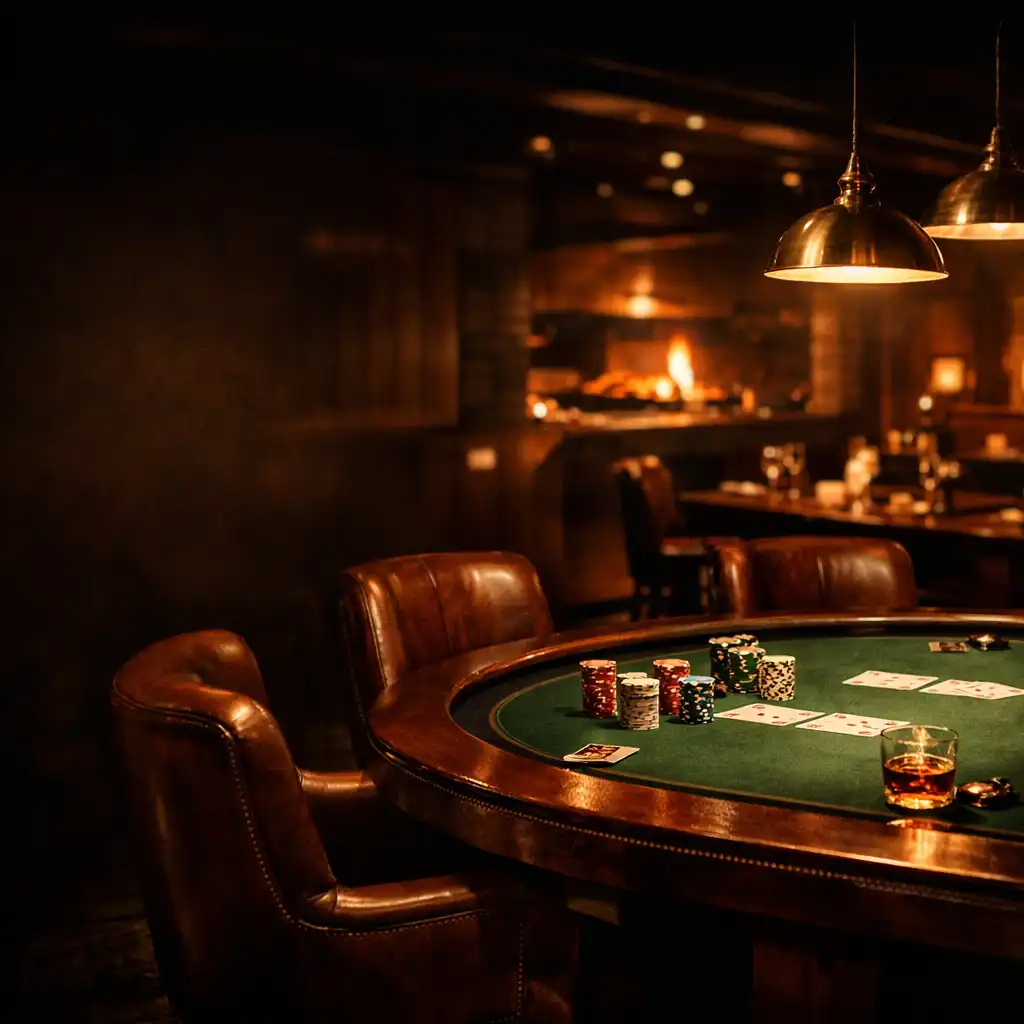 Warmly lit private poker lounge at Felta Venue with a dark timber table, stacked chips, and leather chairs