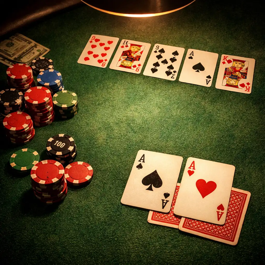 Close-up of a poker table with green felt, chips, and playing cards under a warm spotlight