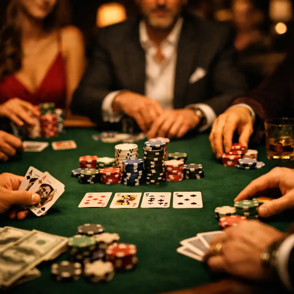 Well-dressed guests playing poker at a table in an upscale lounge, focus on hands and chips