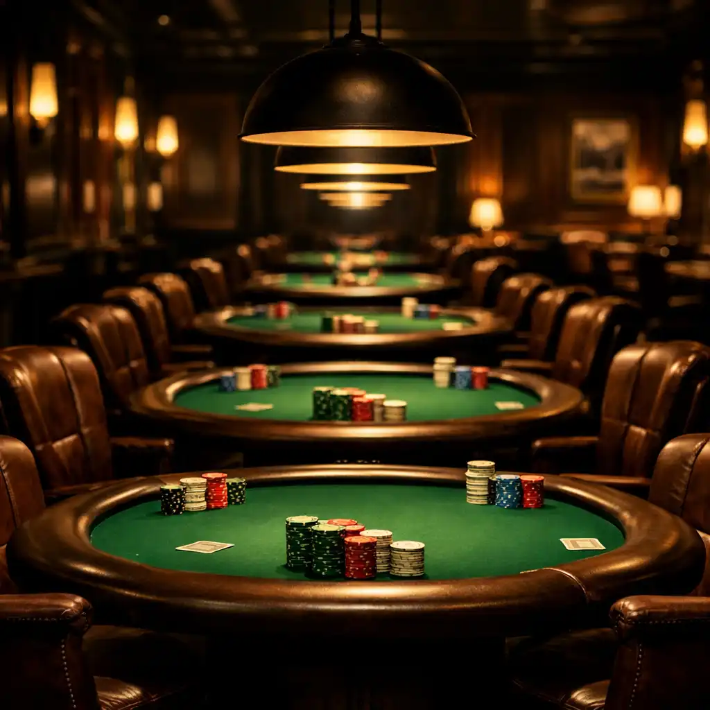 Row of poker tables with green felt and leather chairs in a dimly lit lounge