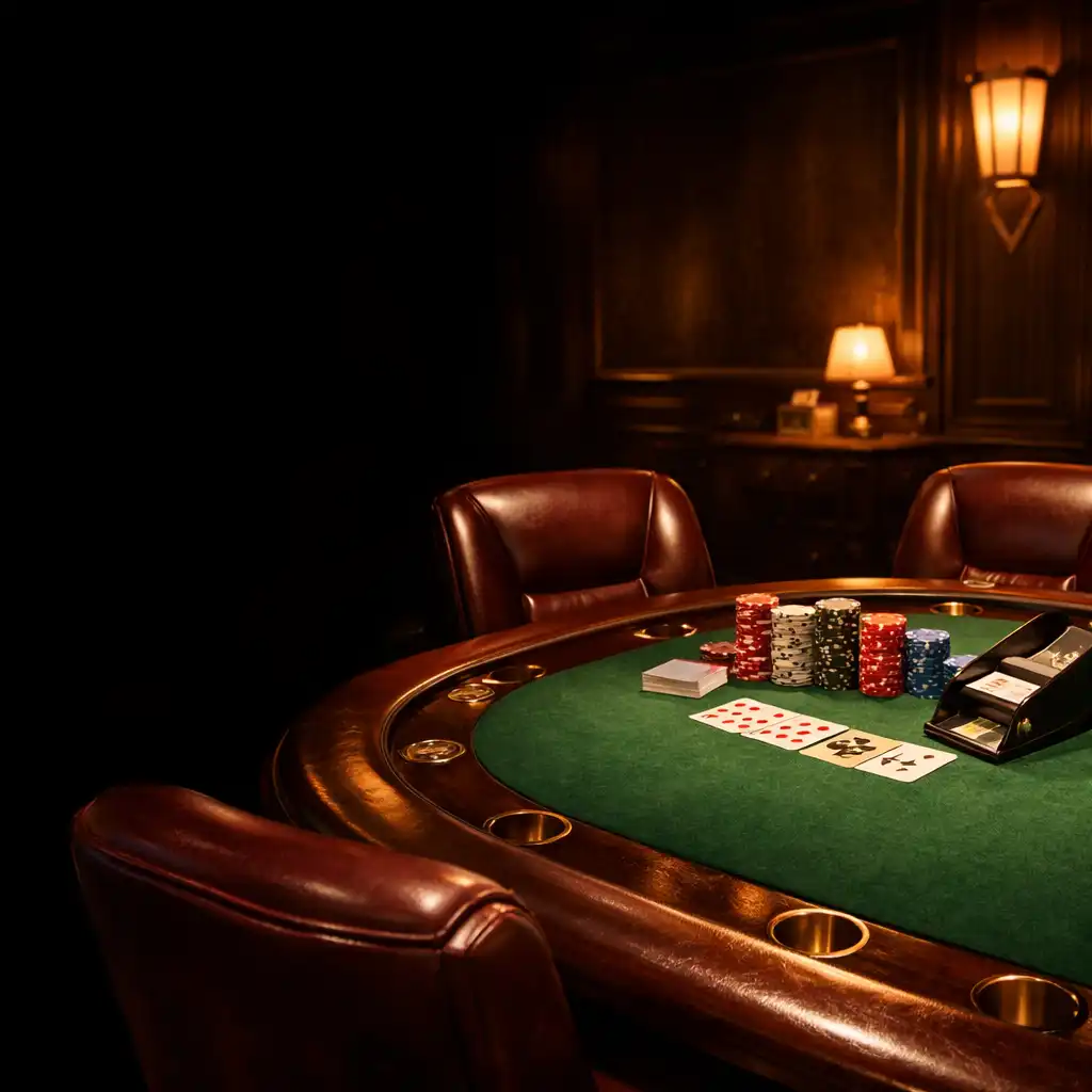 Private poker table setup with leather chairs and premium chips at Felta Venue