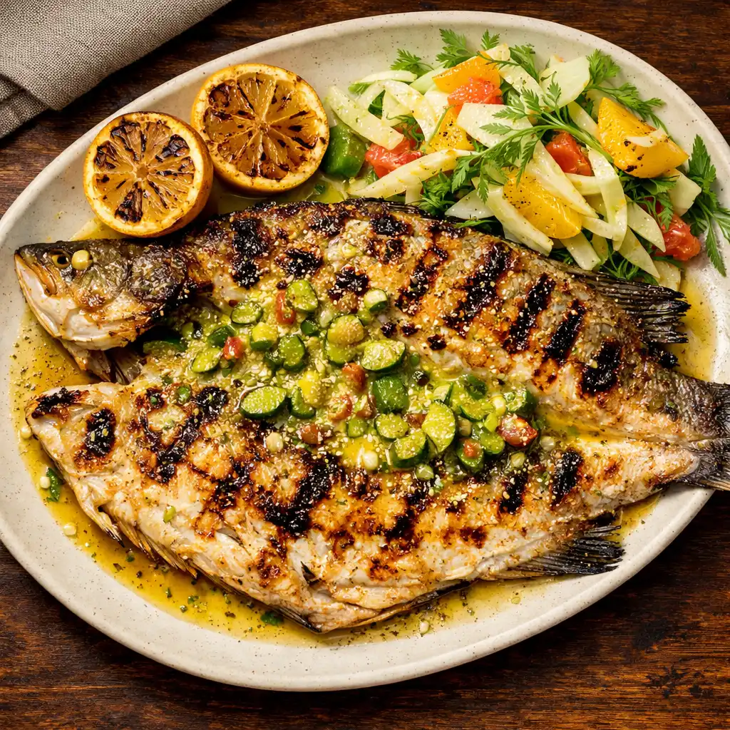 Wood-fired whole barramundi with lemon myrtle butter and finger lime