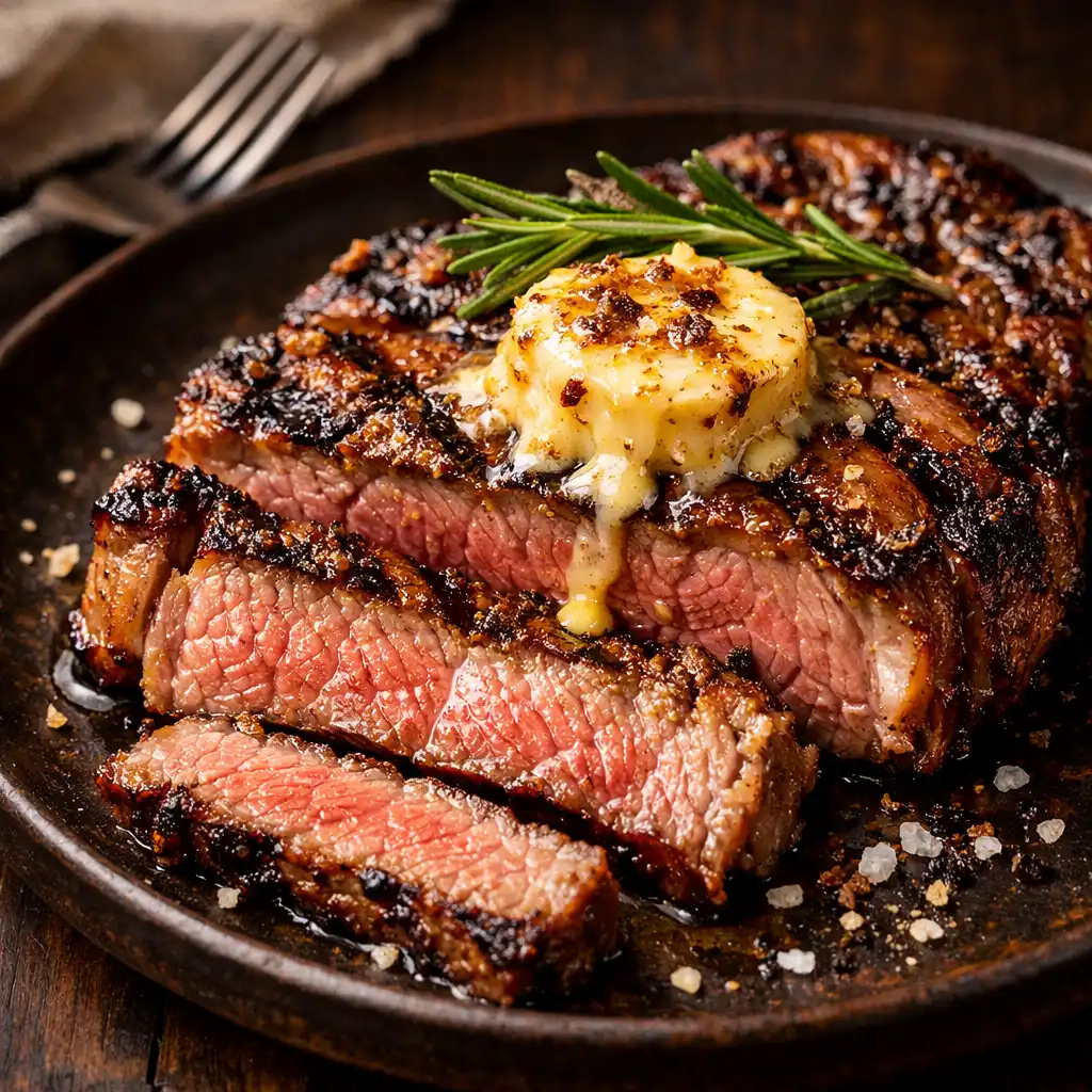 Sliced ribeye steak with char marks, rosemary, and smoked bone marrow butter